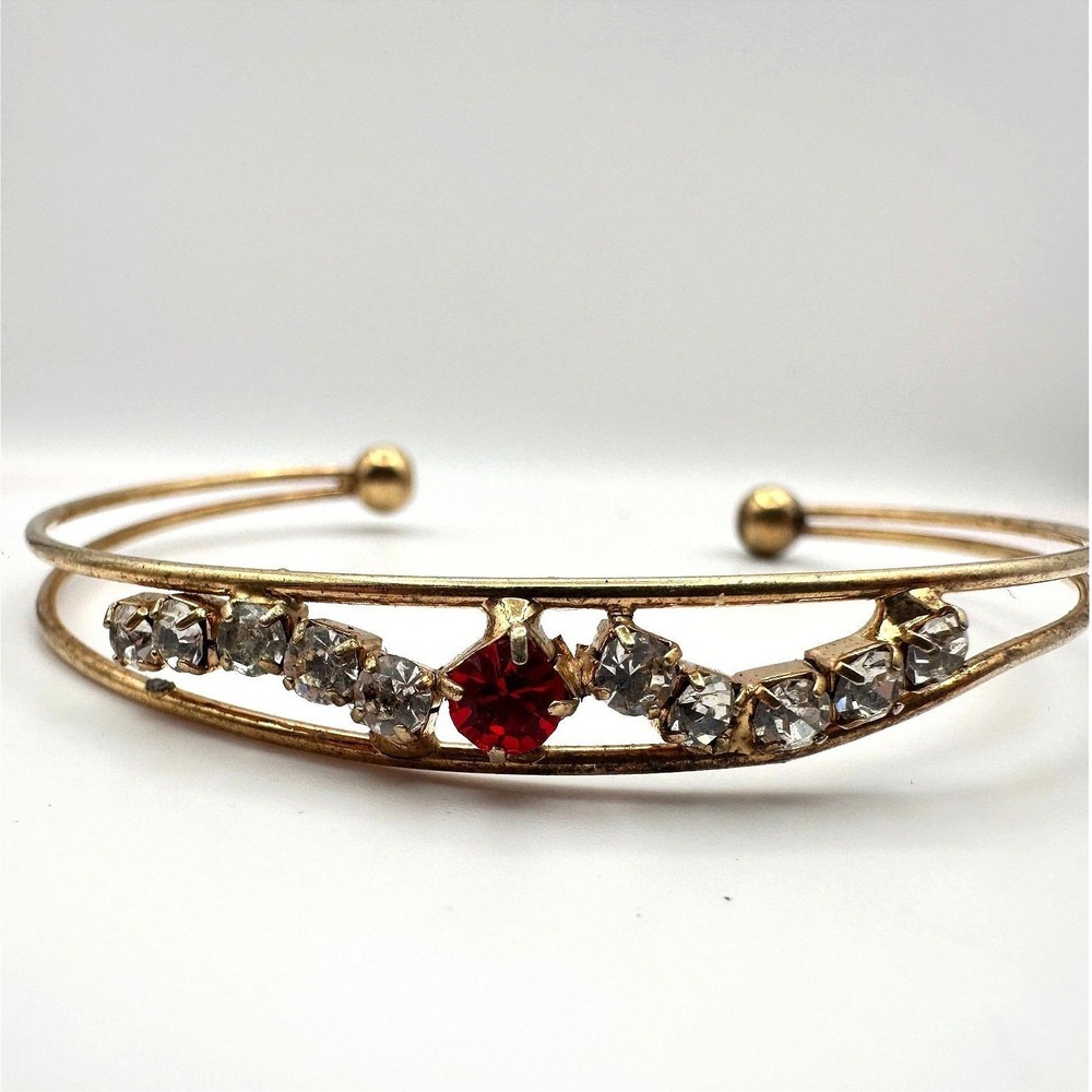 Vintage Y2K Red & Clear‎ Rhinestone Gold Tone Hand Bracelet Women's Jewelry
